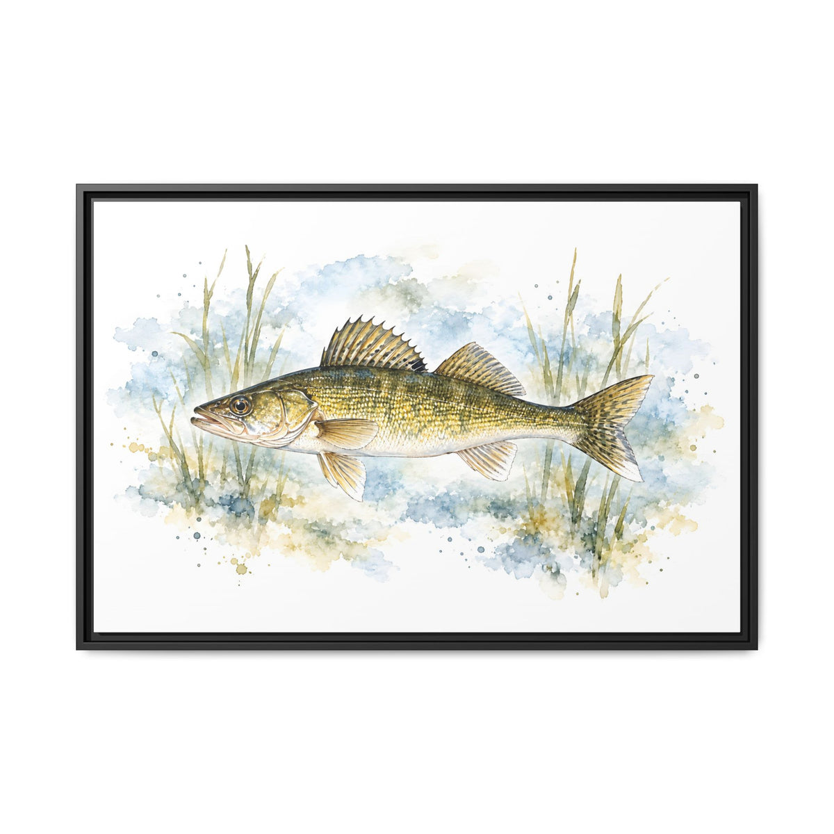 Watercolor Reeds Walleye framed canvas, 18x12 size view