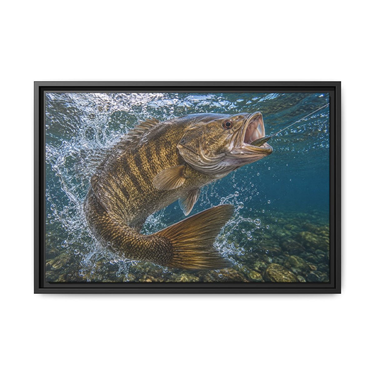 Boatside Fight Smallmouth Bass framed canvas wall art, view 3