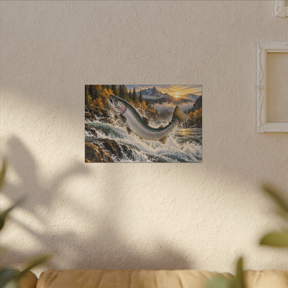 Sunrise Leap Coho Salmon canvas hanging in a living room