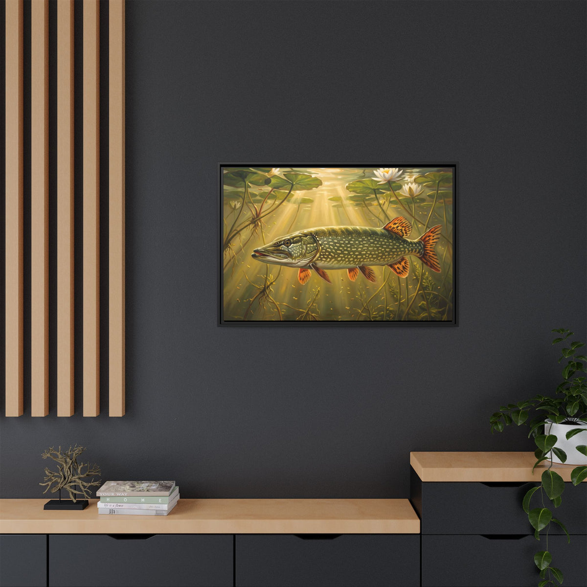 Lily Pad Dawn Northern Pike framed canvas in a home office