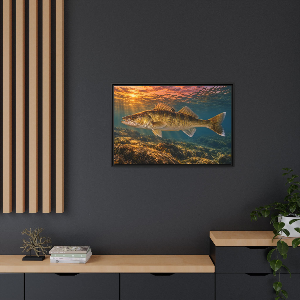 Last Light Walleye framed canvas in a home office