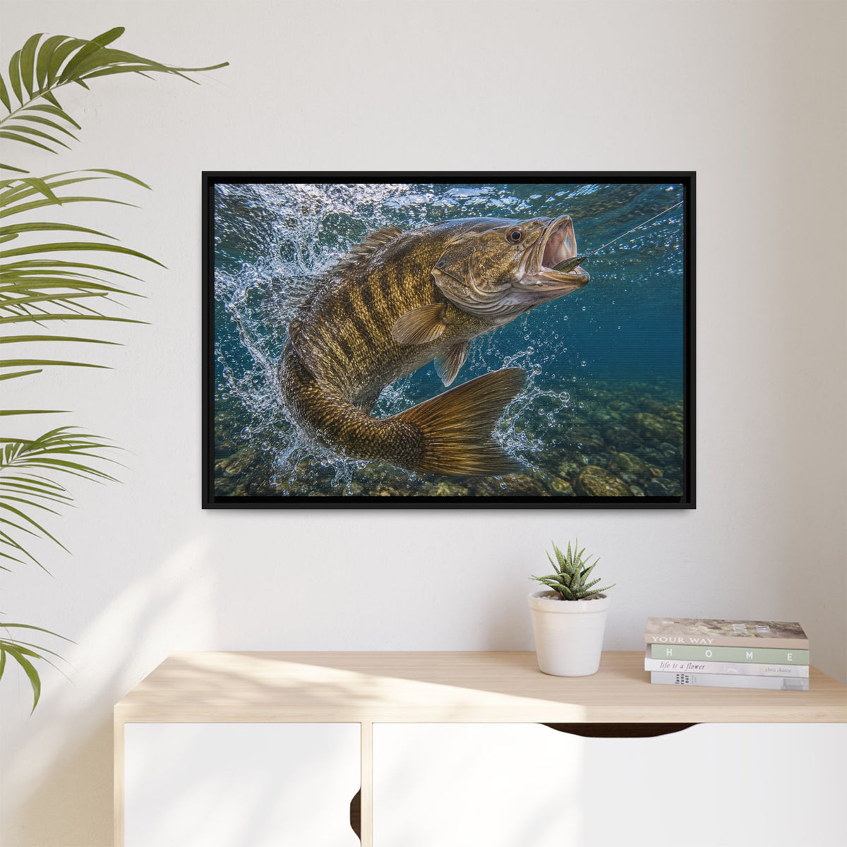 Boatside Fight Smallmouth Bass framed canvas wall art, view 5