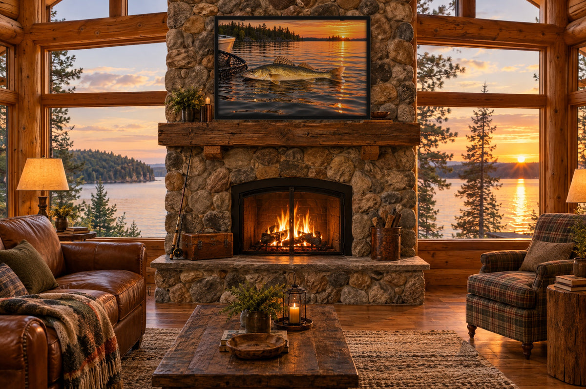 Framed walleye wall art above a stone fireplace in a log cabin overlooking a lake at sunset