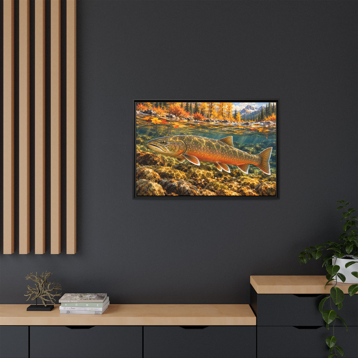 Autumn Char Bull Trout framed canvas in a home office
