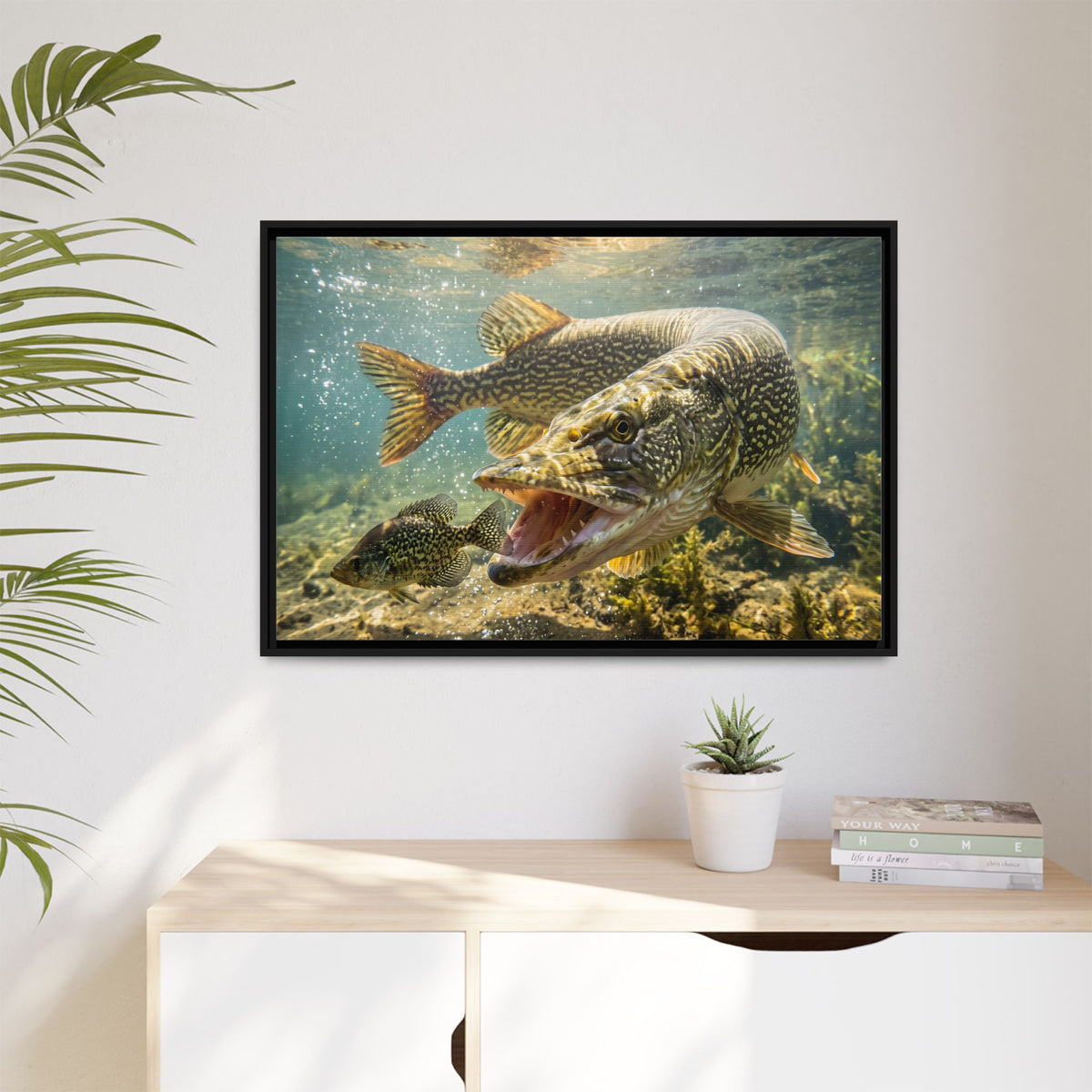Northern Pike Crappie Chase Framed Canvas — Ready-to-Hang Wall Art for Anglers