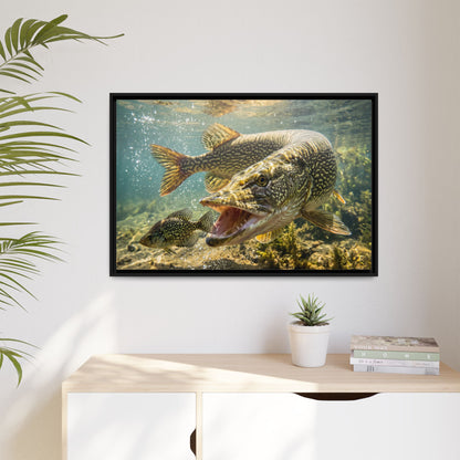 Northern Pike Crappie Chase Framed Canvas — Ready-to-Hang Wall Art for Anglers