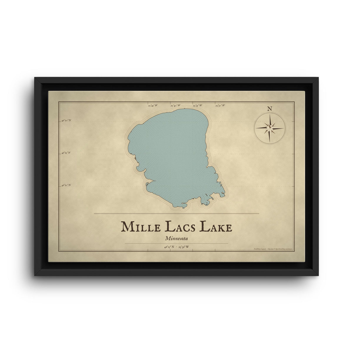 Mille Lacs Lake Vintage Map framed canvas wall art