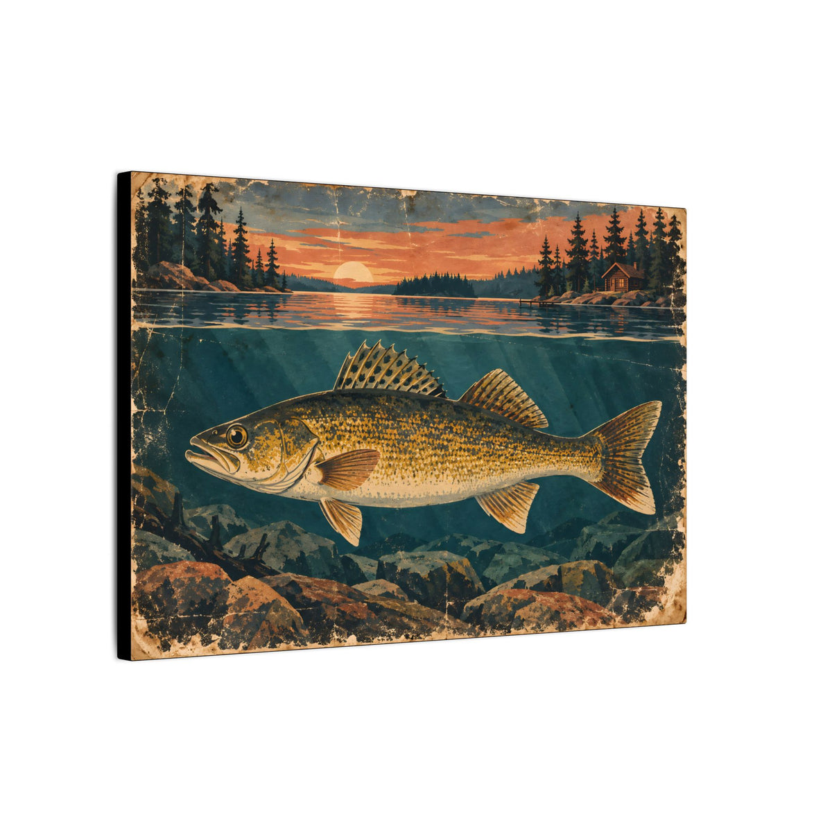 Vintage Lodge Poster Walleye canvas side angle