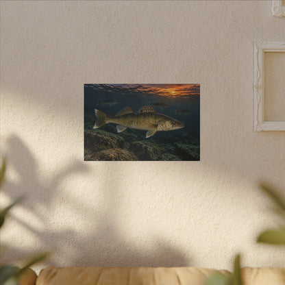 Reef Pack at Dusk Walleye canvas hanging in a living room