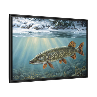 First Snow Northern Pike framed canvas, side angle