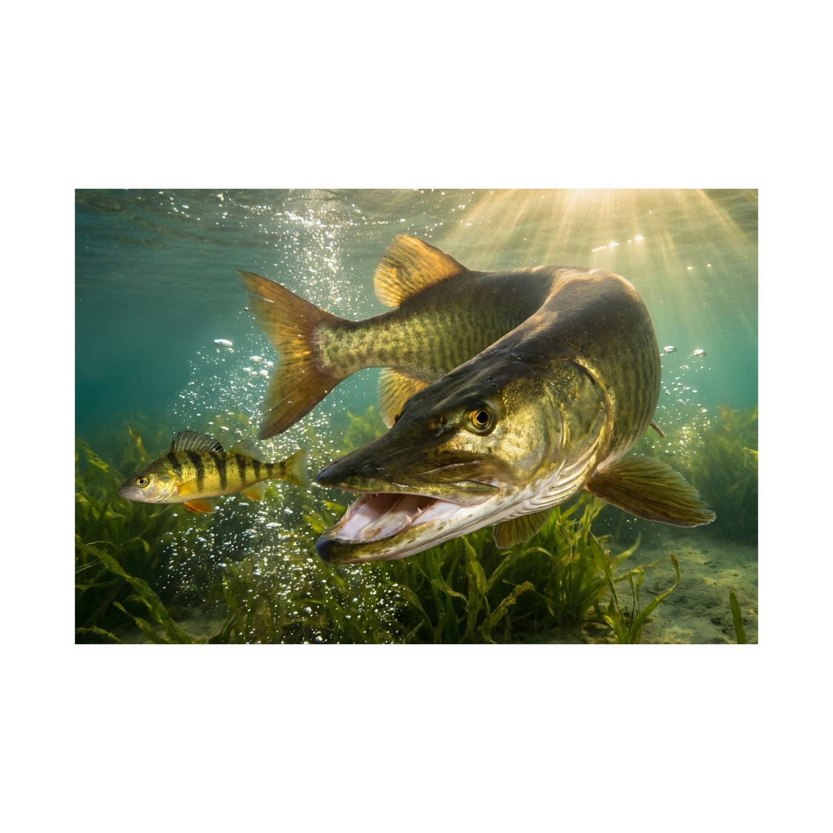 Yellow Perch Chase Muskie Poster — Trophy Underwater Wall Art for Anglers