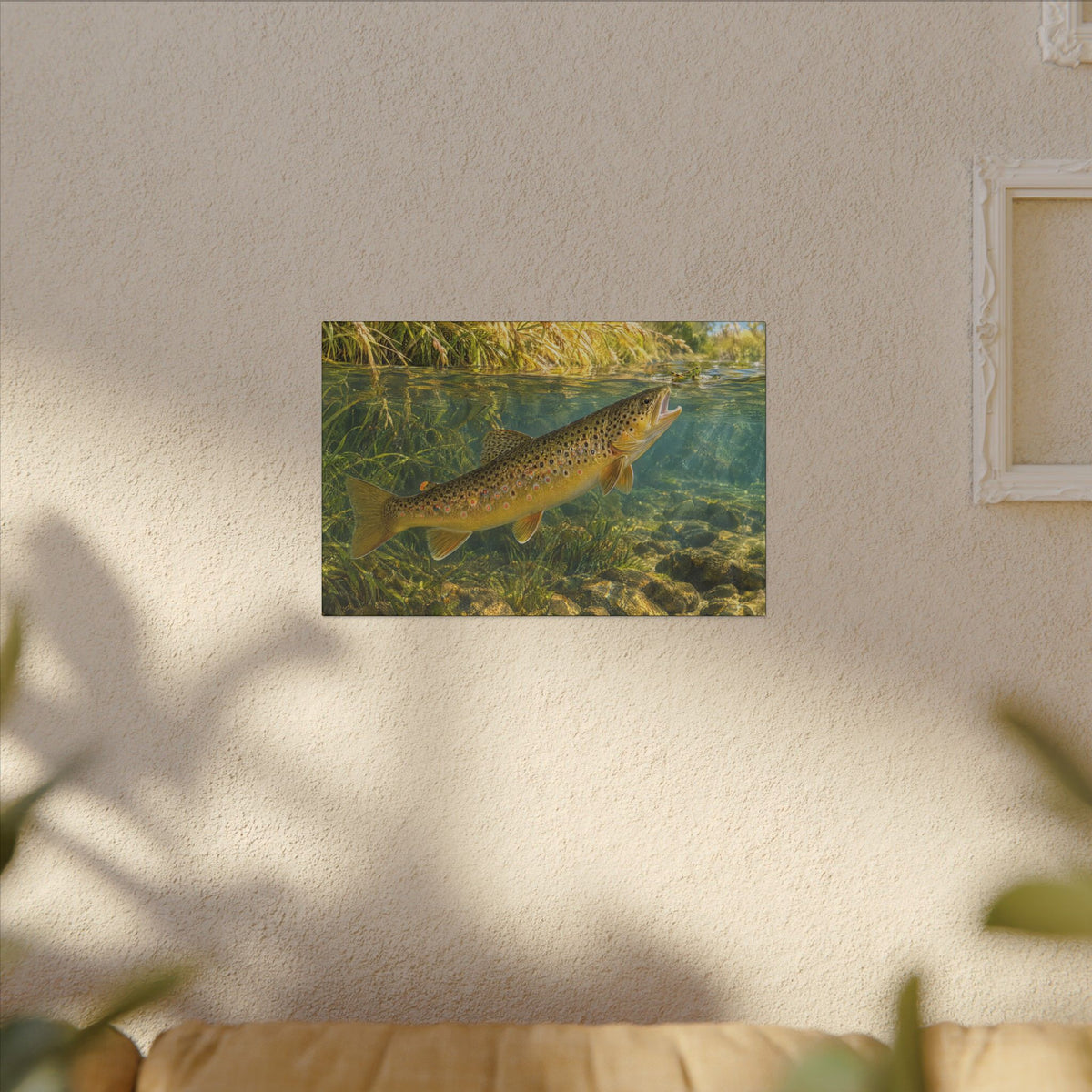 Hopper Season Brown Trout canvas hanging in a living room