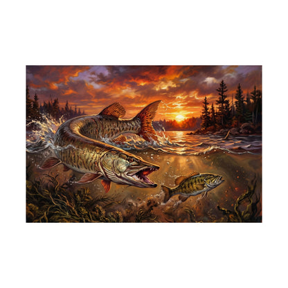 Sunset Muskie (Esox masquinongy) Fishing Poster – Matte Horizontal Wall Art for Anglers