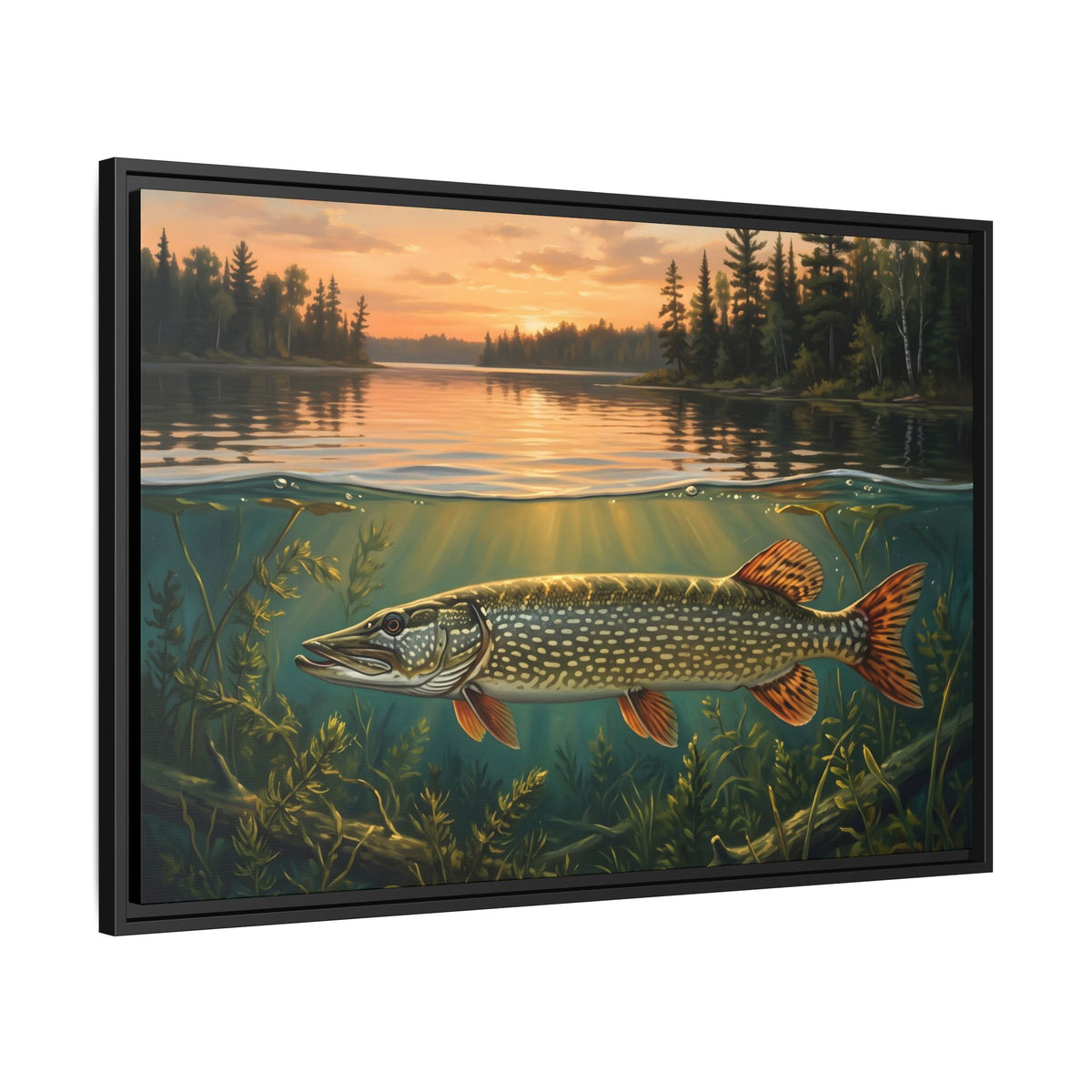 Northwoods Over-Under Northern Pike framed canvas, side angle