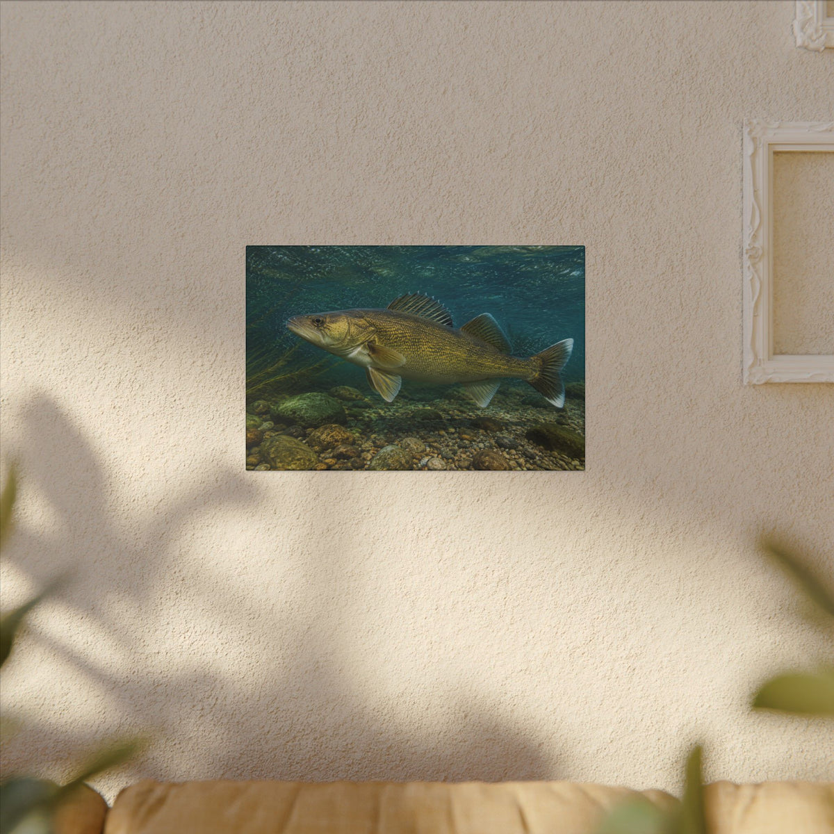 Current Seam Walleye canvas hanging in a living room