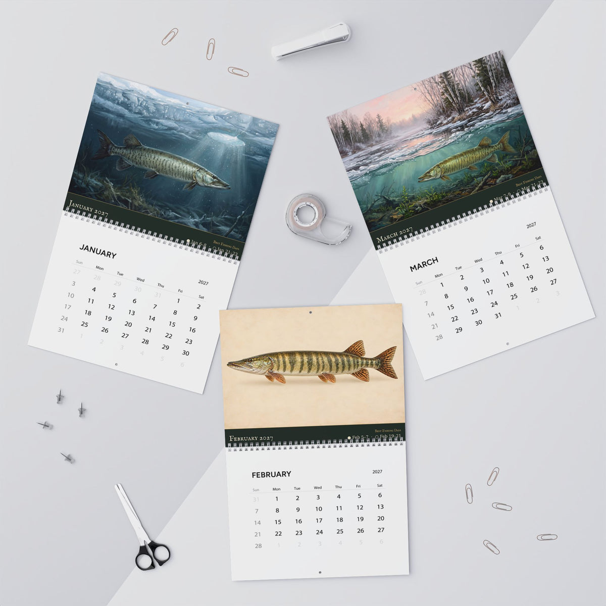 2027 Muskie Wall Calendar — Fish Art with Best Fishing Days