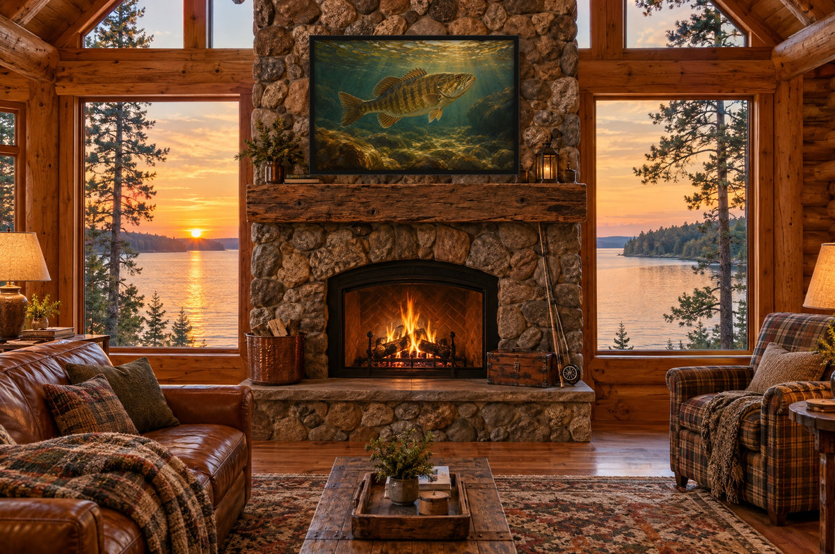 Framed smallmouth bass wall art above a stone fireplace in a log cabin overlooking a lake at sunset