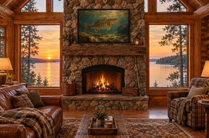 Framed smallmouth bass wall art above a stone fireplace in a log cabin overlooking a lake at sunset