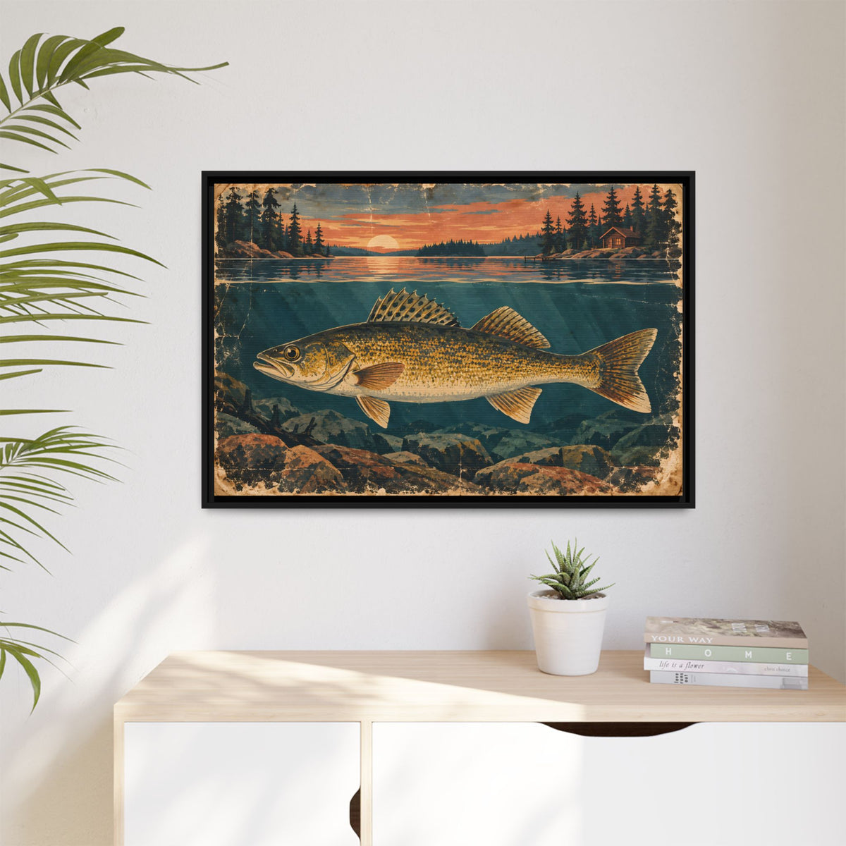 Vintage Lodge Poster Walleye framed canvas hanging in a living room