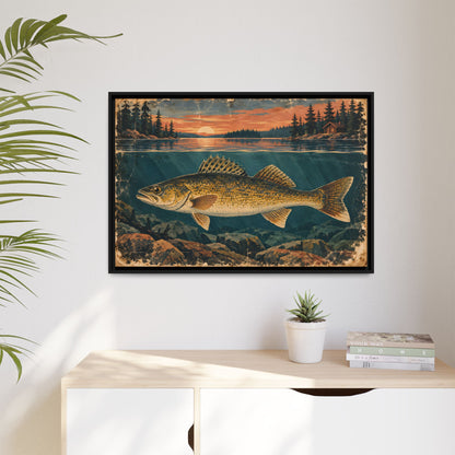 Vintage Lodge Poster Walleye framed canvas hanging in a living room