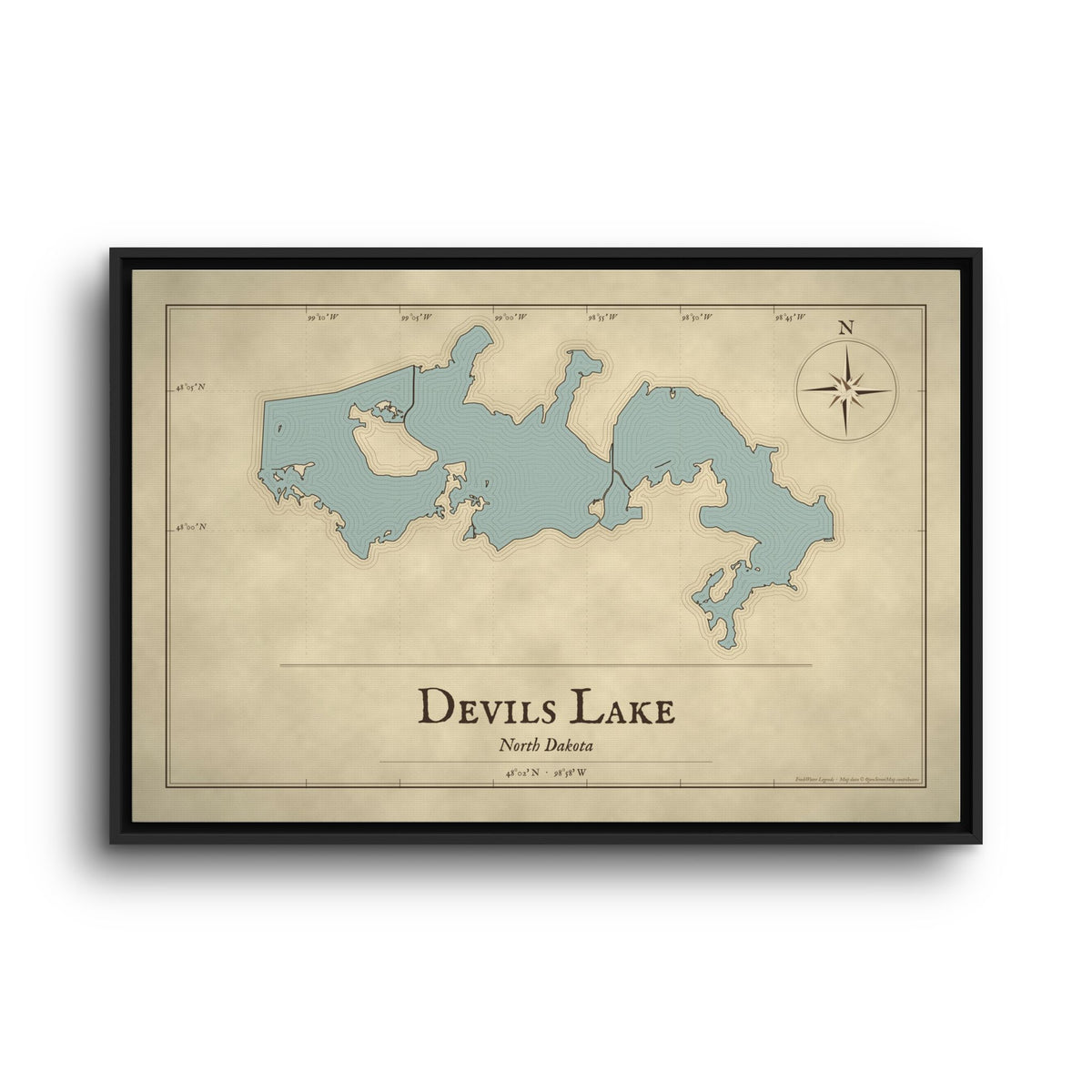 Devils Lake Vintage Map framed canvas wall art, view 3
