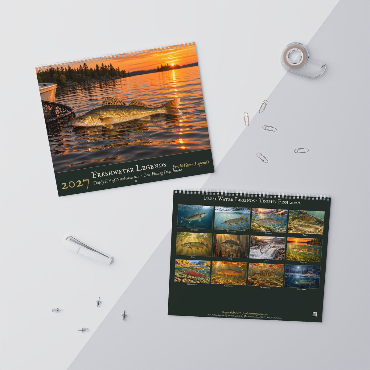 2027 FreshWater Legends Wall Calendar — Trophy Fish Art with Best Fishing Days