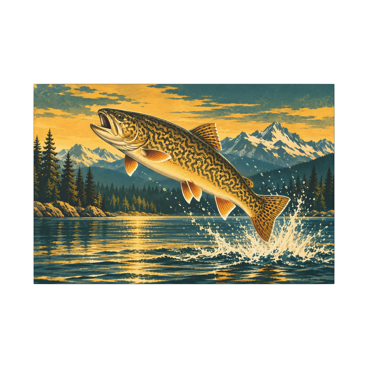 Mountain Lake Leap Tiger Trout canvas wall art, view 3