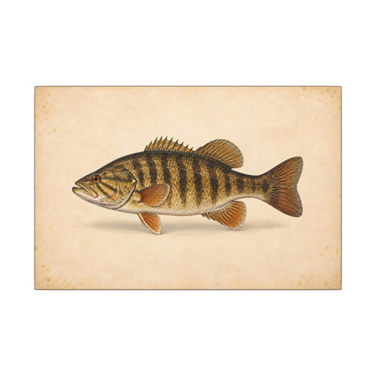 A classic natural-history study of a trophy smallmouth on cream parchment, fishing wall art canvas