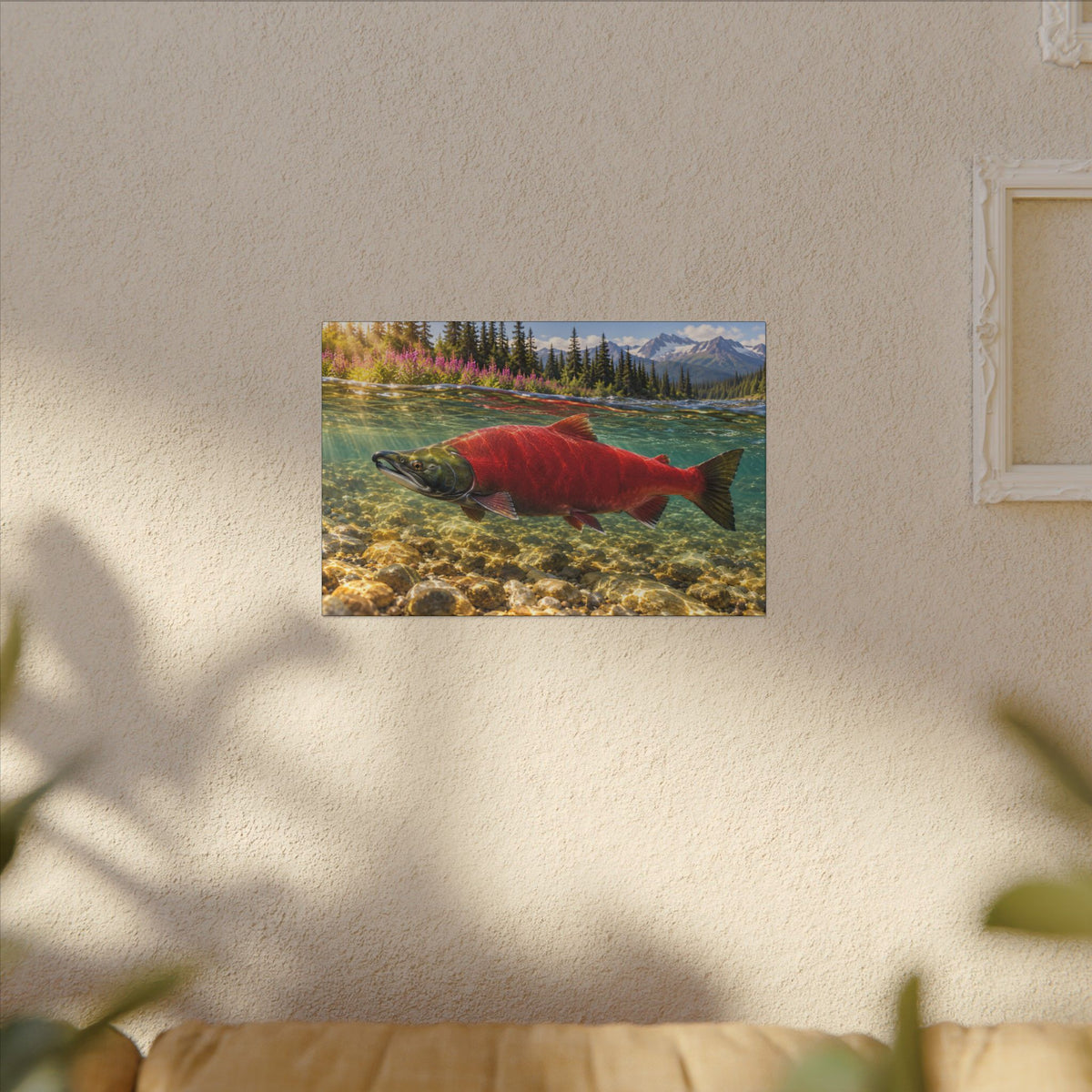 Crimson Run Sockeye Salmon canvas hanging in a living room