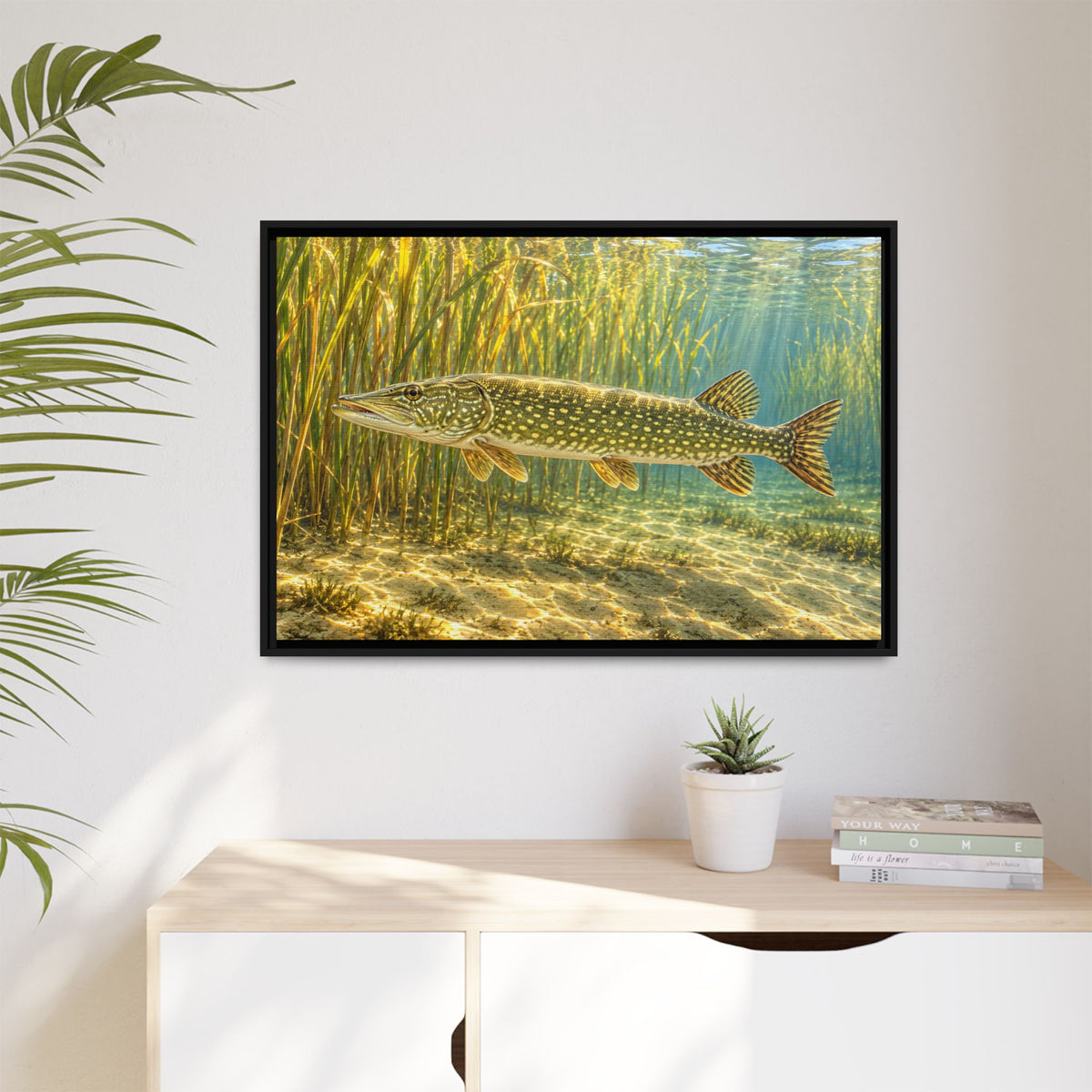 Sunlit Reed Edge Northern Pike framed canvas hanging in a living room