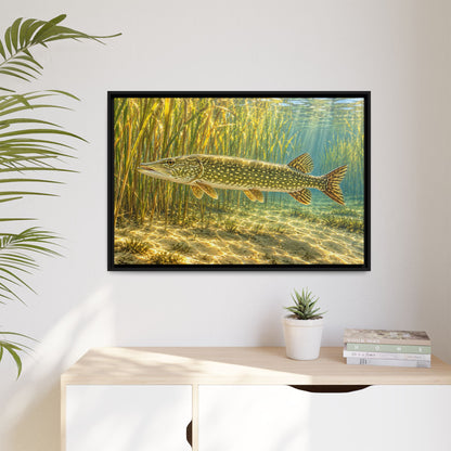 Sunlit Reed Edge Northern Pike framed canvas hanging in a living room