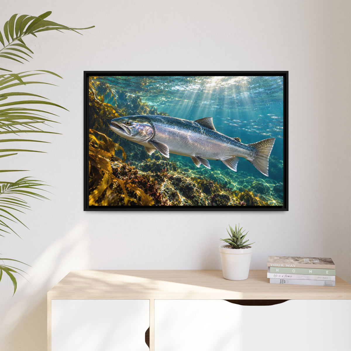 Silver in the Tide Coho Salmon framed canvas hanging in a living room