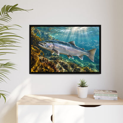 Silver in the Tide Coho Salmon framed canvas hanging in a living room