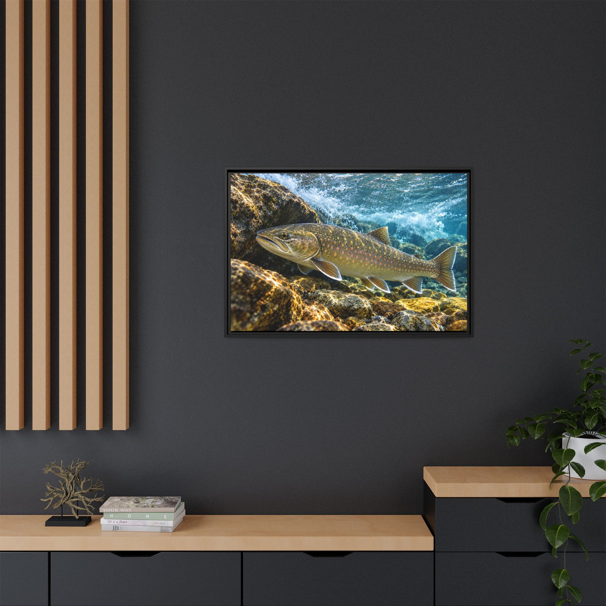 River Ambush Bull Trout framed canvas in a home office