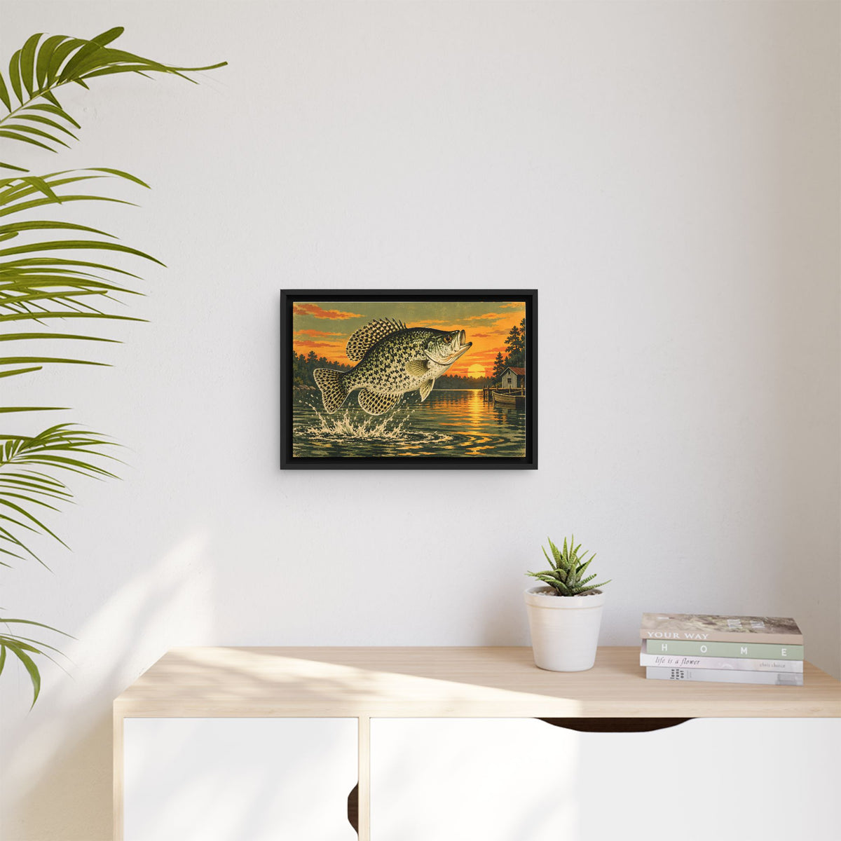 Sunset Camp Crappie framed canvas wall art, view 5