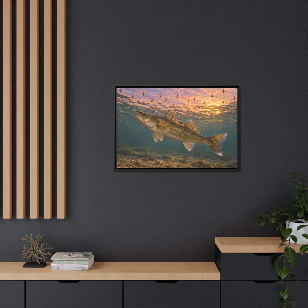 Mayfly Hatch Evening Walleye framed canvas in a home office