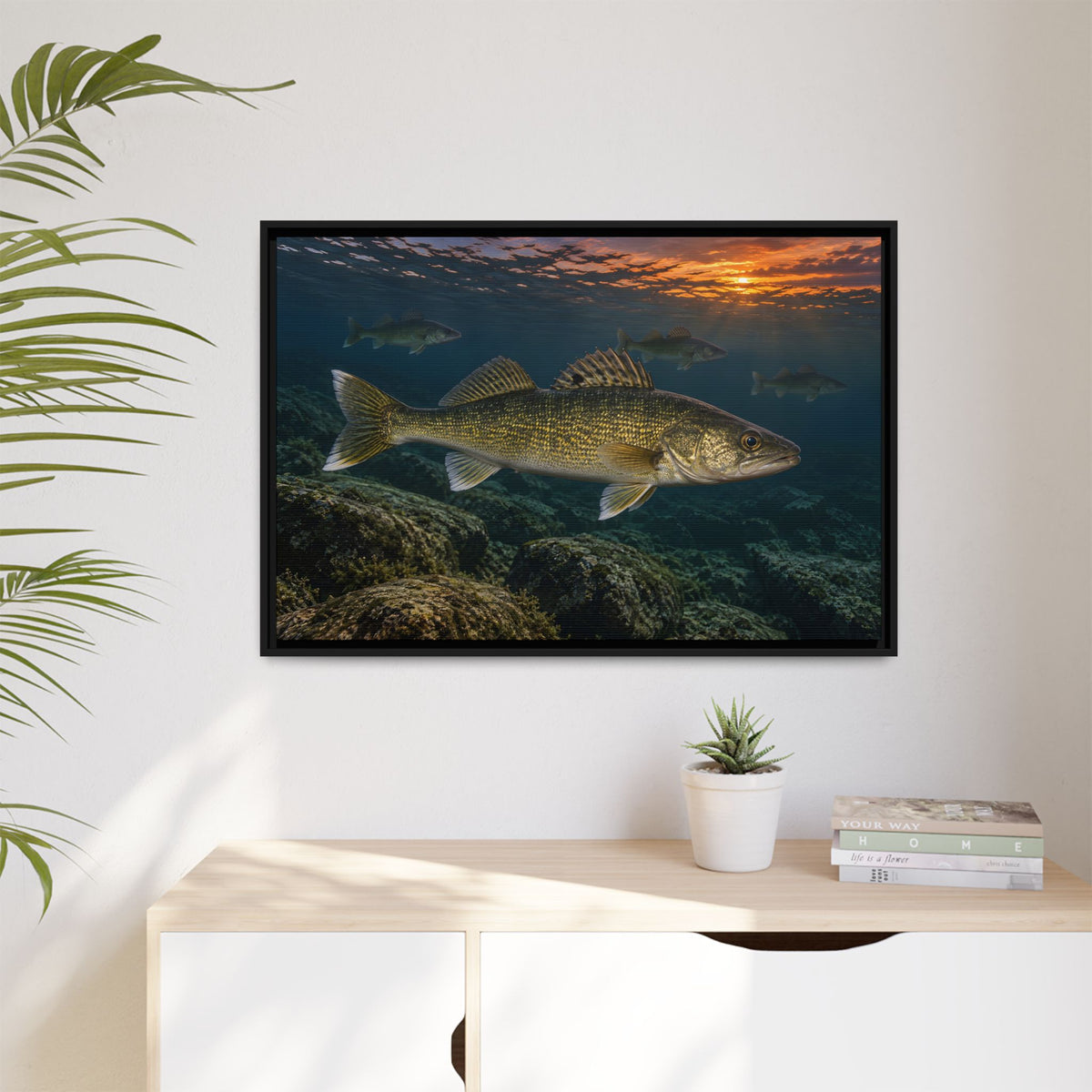 Reef Pack at Dusk Walleye framed canvas hanging in a living room