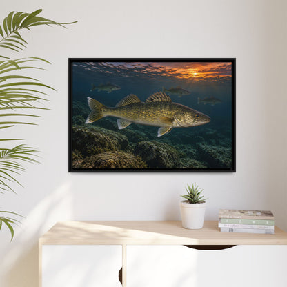 Reef Pack at Dusk Walleye framed canvas hanging in a living room