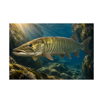 Boulder Cave Ambush Muskie Poster — Trophy Underwater Wall Art for Anglers