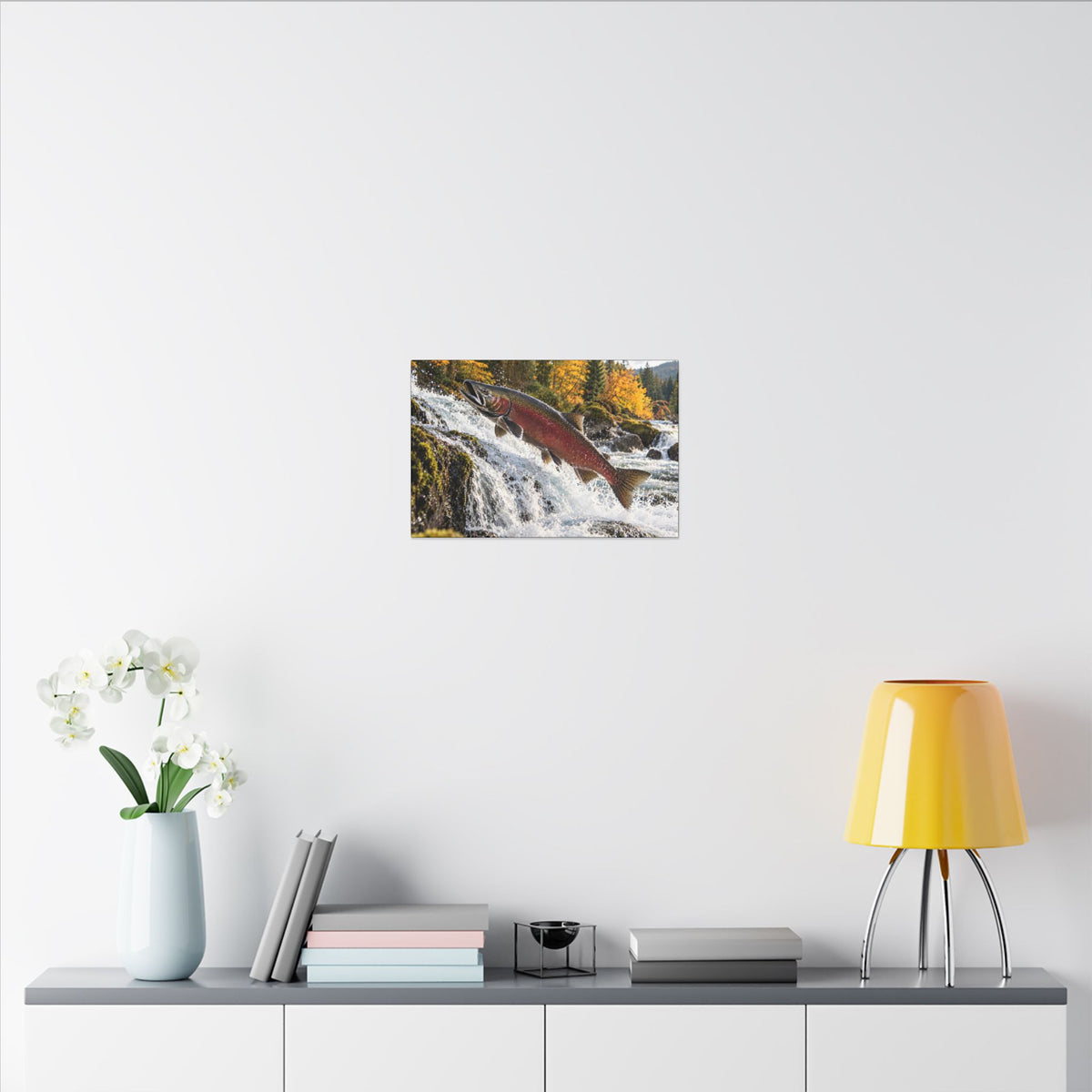 Autumn Run Leap Coho Salmon canvas in a home office