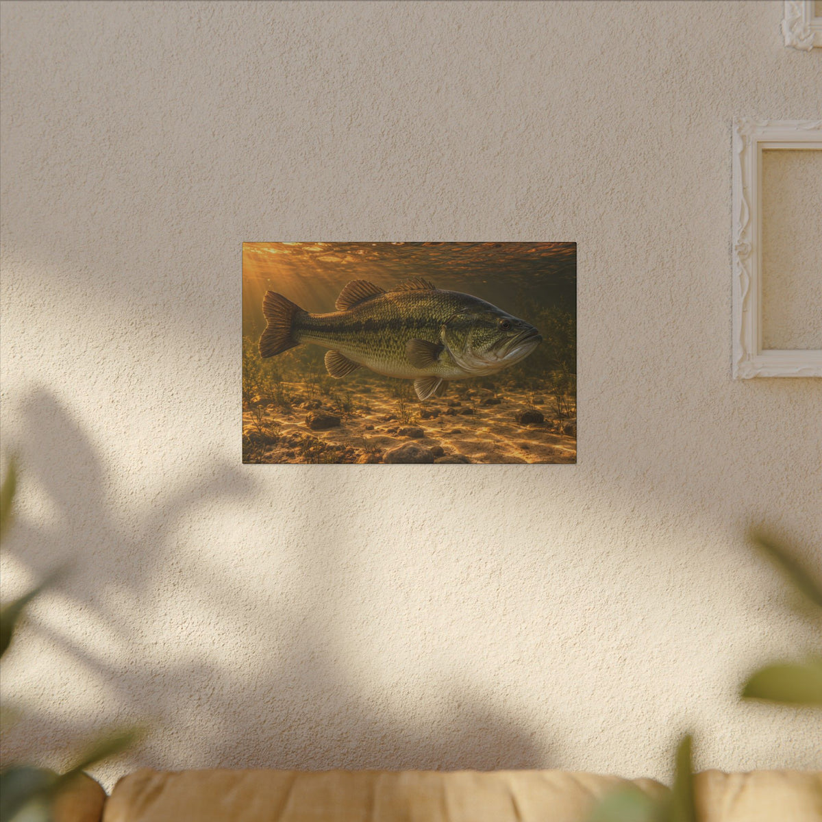Copper Evening Flats Largemouth Bass canvas hanging in a living room