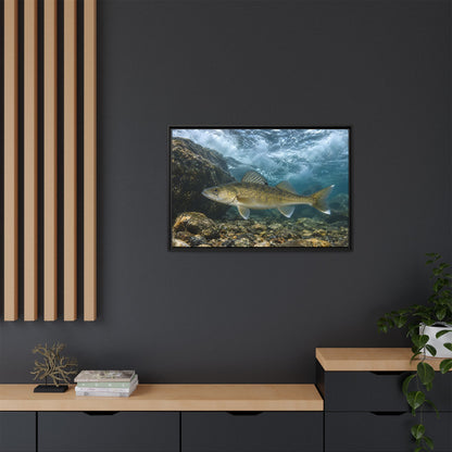 Tailwater Below the Dam Walleye framed canvas in a home office
