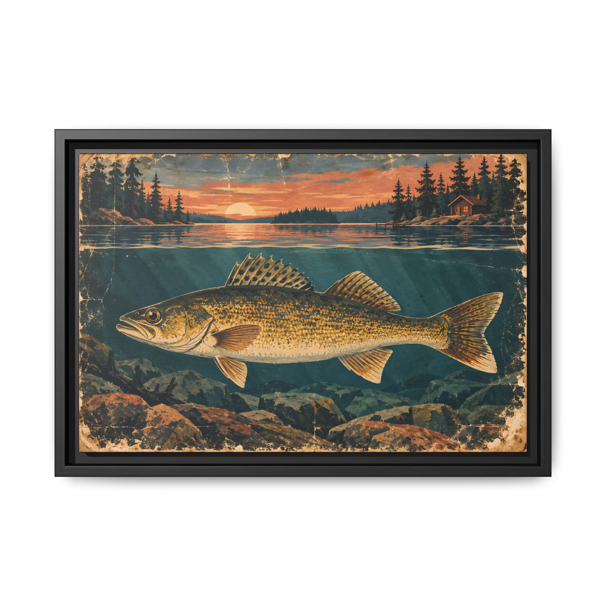 Vintage Lodge Poster Walleye framed canvas, 24x16 size view