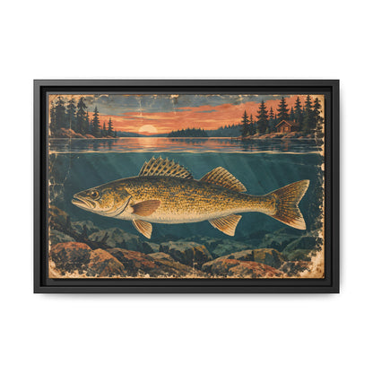 Vintage Lodge Poster Walleye framed canvas, 24x16 size view