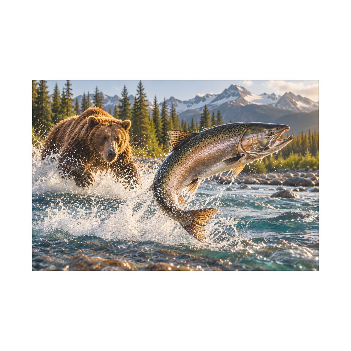 Grizzly Bear and Leaping Salmon canvas wall art, view 3