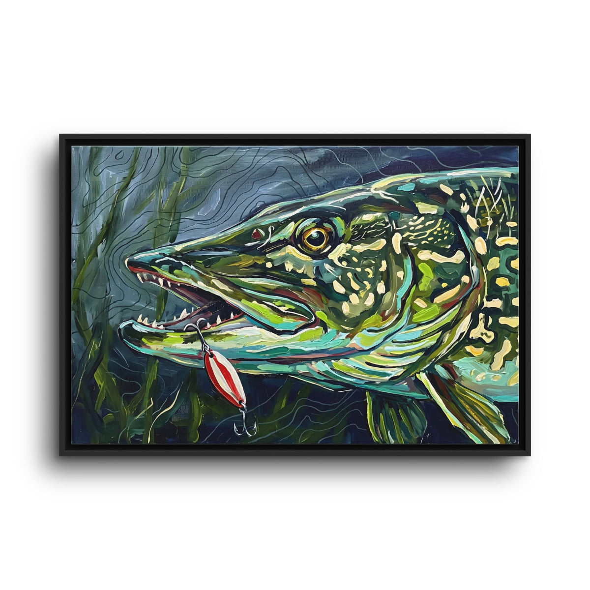Legends Bold Close-Up Weed-Line Northern Pike framed canvas wall art, view 3