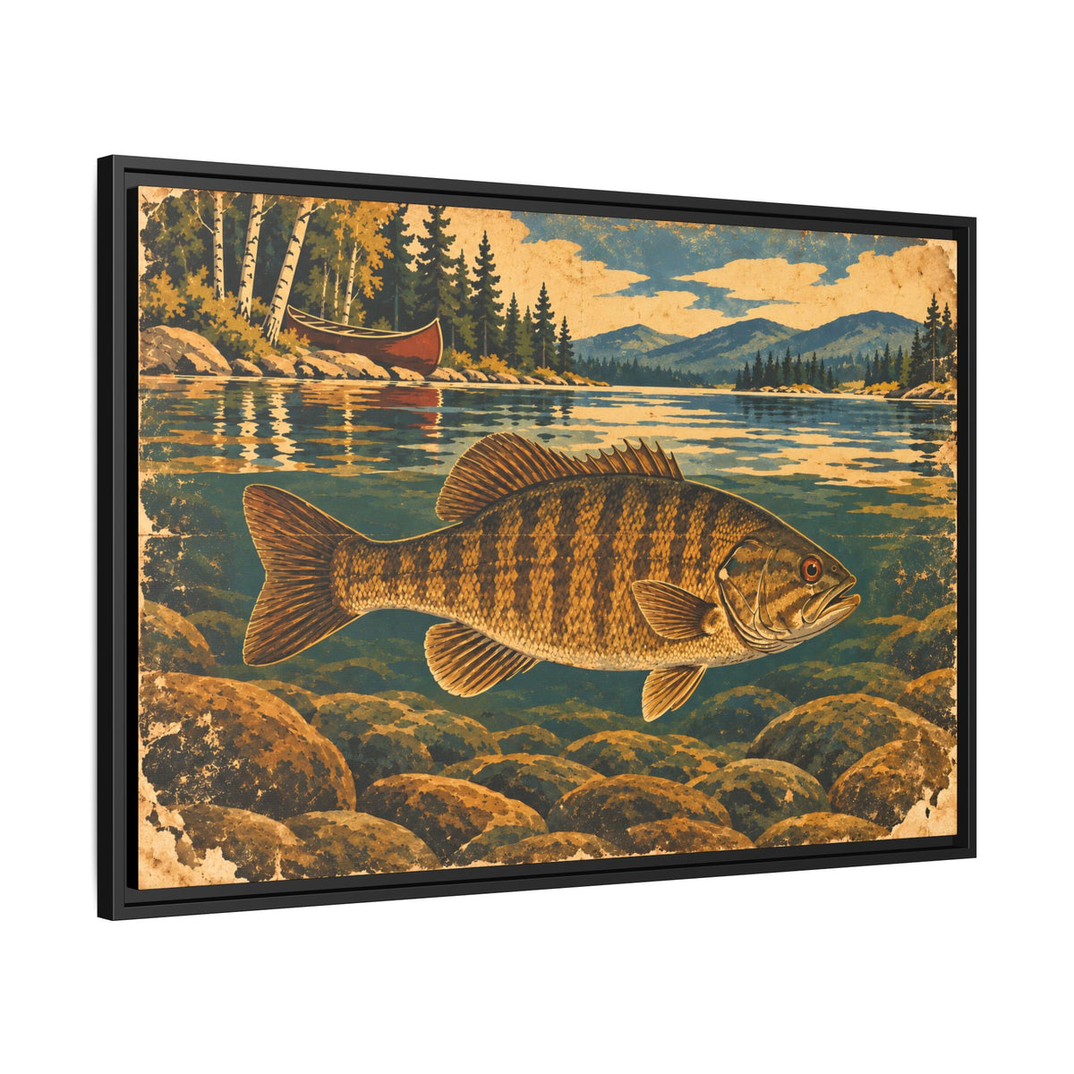Vintage Lodge River Smallmouth Framed Canvas wall art, view 4