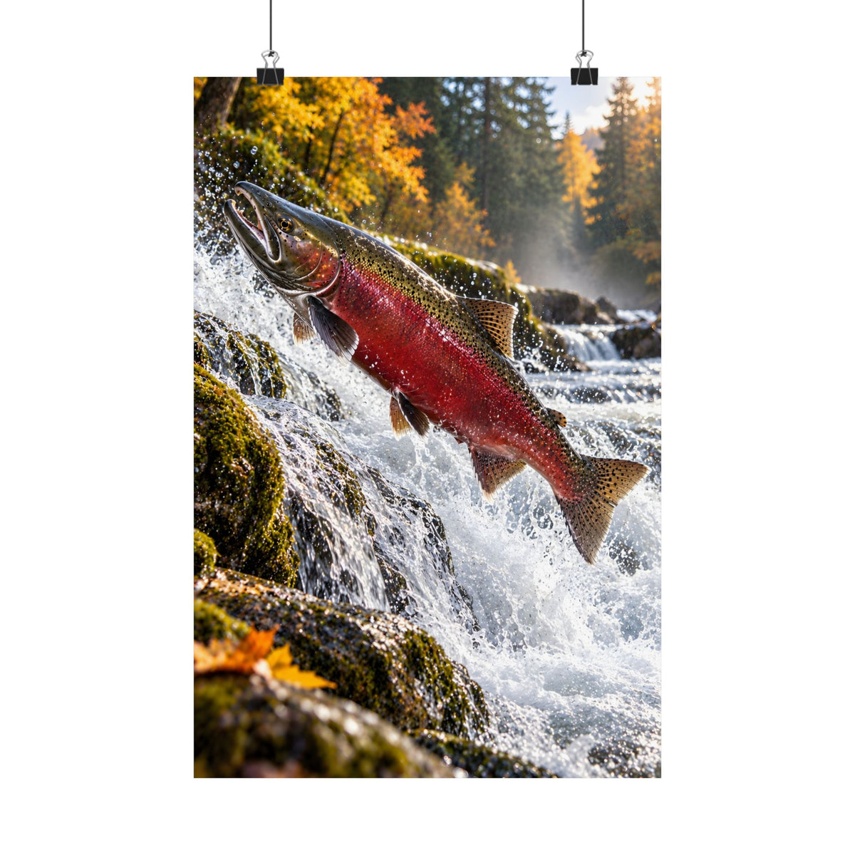 Autumn Run Leap Coho Salmon vertical poster wall art, 12x18 size view
