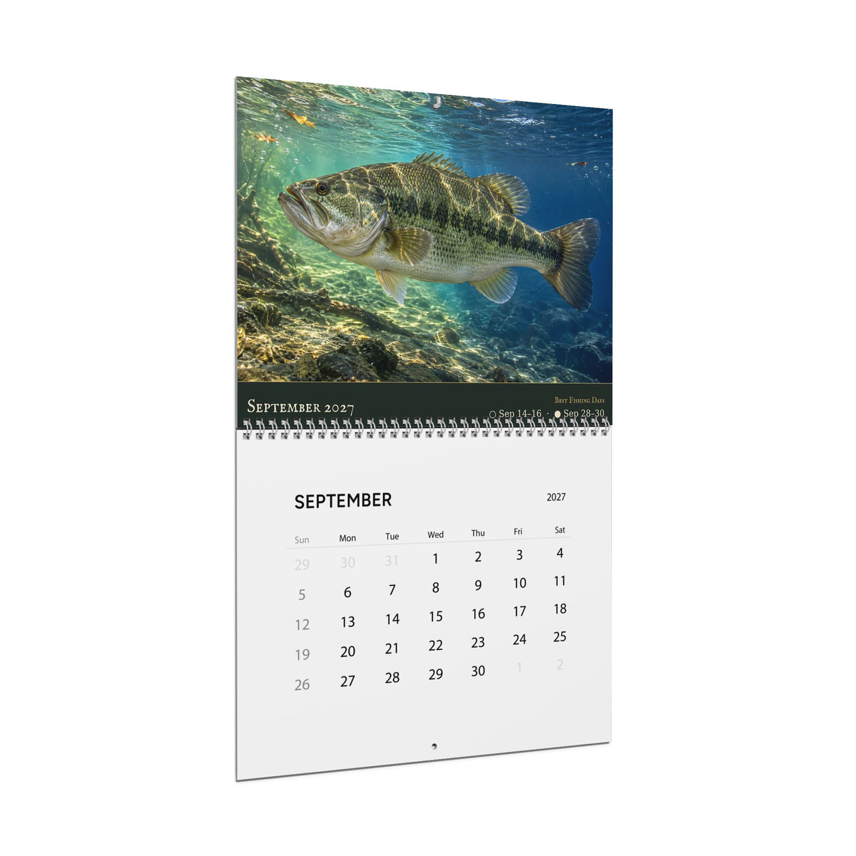 2027 Bass Wall Calendar — Largemouth & Smallmouth Fish Art with Best Fishing Days