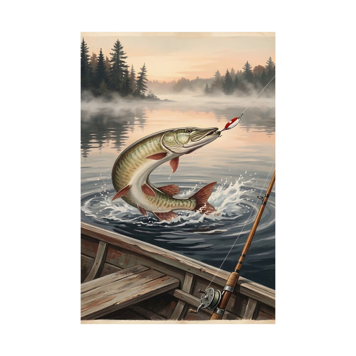 Dawn Muskie Strike Vintage Rowboat fishing poster close-up